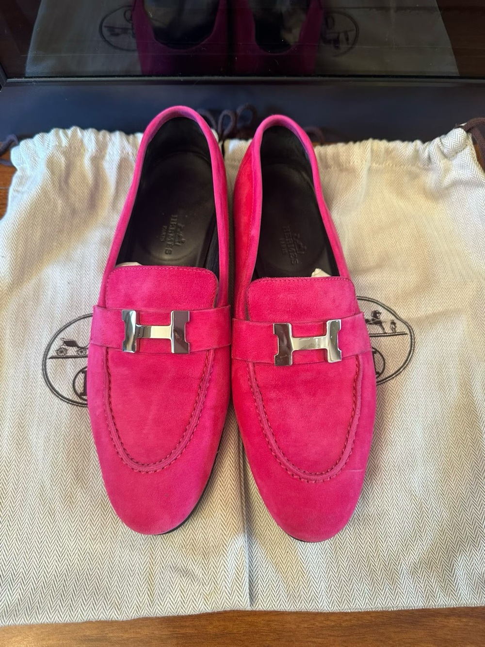 Hermes Hot Pink Suede Loafers with Silver H Hardware